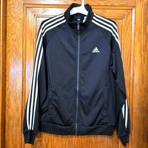 ADIDAS Black Tack Jacket Unisex Zipup White 3 Stripe Longsleeves Size Medium